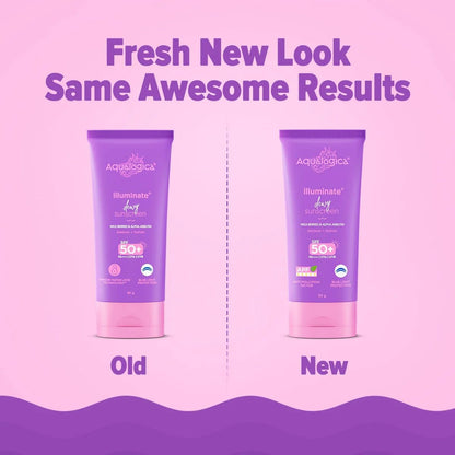 Aqualogica Illuminate+ Dewy Sunscreen SPF 50+ PA++++ APF with Wild Berries Alpha Arbutin, 80g, Pack of 2, Fragrance-Free - ba