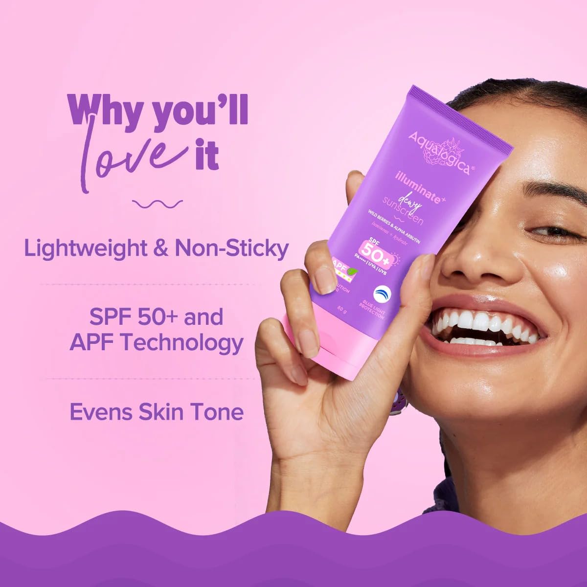 Aqualogica Illuminate+ Dewy Sunscreen SPF 50+ PA++++ APF with Wild Berries Alpha Arbutin, 80g, Pack of 2, Fragrance-Free - la