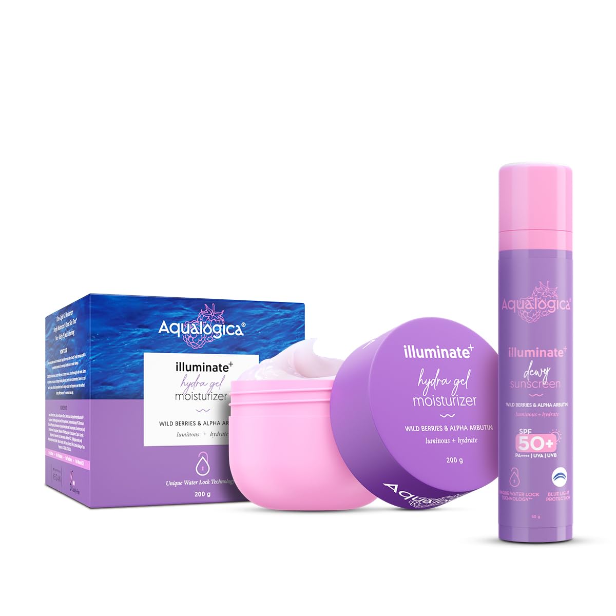 Aqualogica Illuminate+ Protect & Hydrate Kit SPF 50+ PA++++, Dewy Sunscreen 50g & Hydra Gel Moisturizer 200g