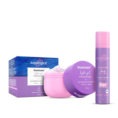 Aqualogica Illuminate+ Protect & Hydrate Kit SPF 50+ PA++++, Dewy Sunscreen 50g & Hydra Gel Moisturizer 200g