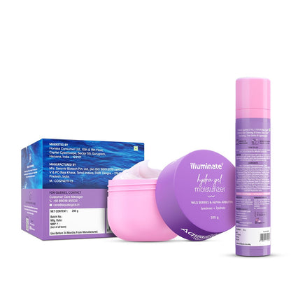 Aqualogica Illuminate+ Protect & Hydrate Kit SPF 50+ PA++++, Dewy Sunscreen 50g & Hydra Gel Moisturizer 200g - ingredients pa
