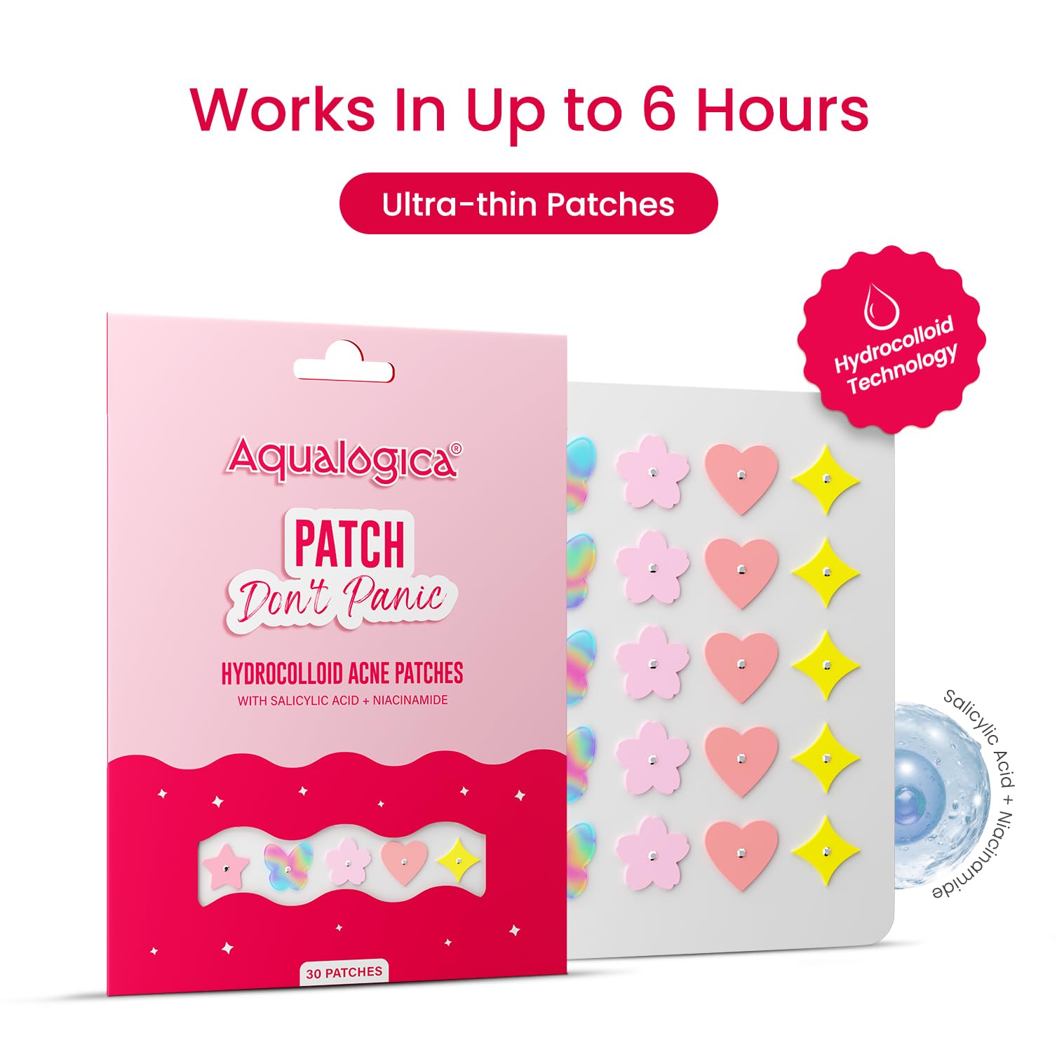 Aqualogica Patch Don't Panic Acne Patches, 30 Count, Salicylic Acid and Niacinamide Hydrocolloid, Vegan Ultra-thin - front vi