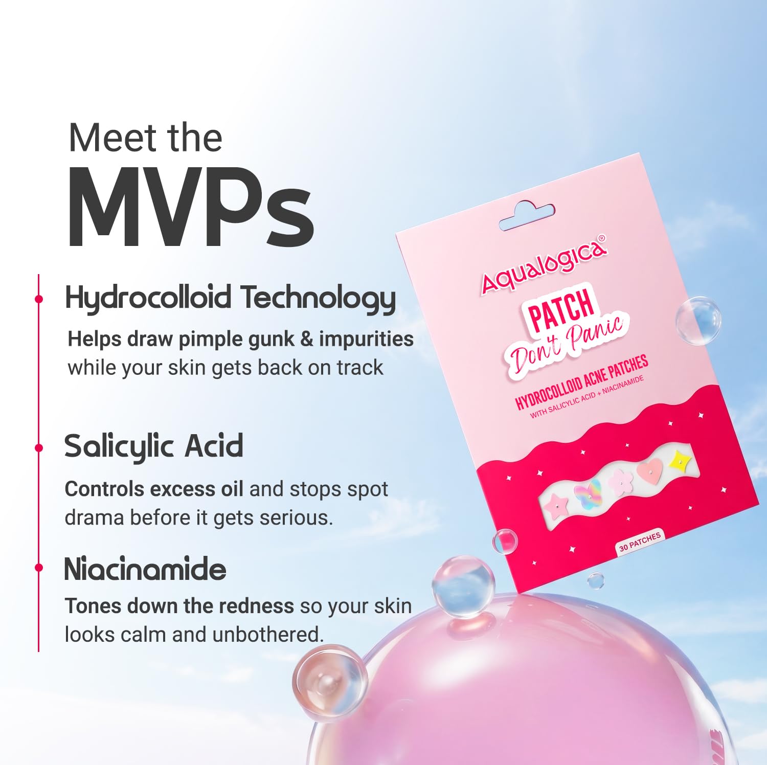 Aqualogica Patch Don't Panic Acne Patches, 30 Count, Salicylic Acid and Niacinamide Hydrocolloid, Vegan Ultra-thin - packagin
