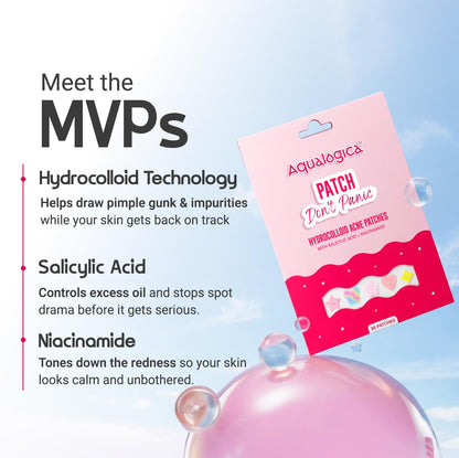 Aqualogica Patch Don't Panic Acne Patches, 30 Count, Salicylic Acid and Niacinamide Hydrocolloid, Vegan Ultra-thin - packagin