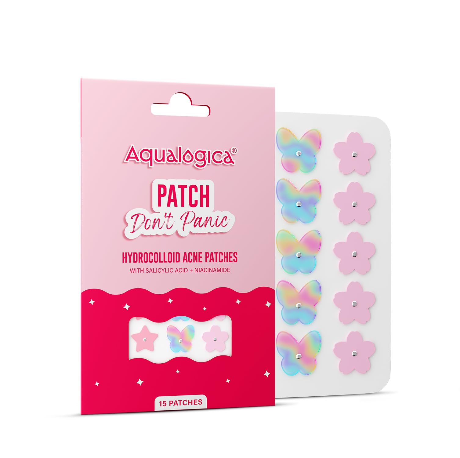 Aqualogica Patch Don't Panic Hydrocolloid Acne Patches, 15 Count, Ultra-thin, Vegan, PETA Certified, Cute Shapes, Unisex
