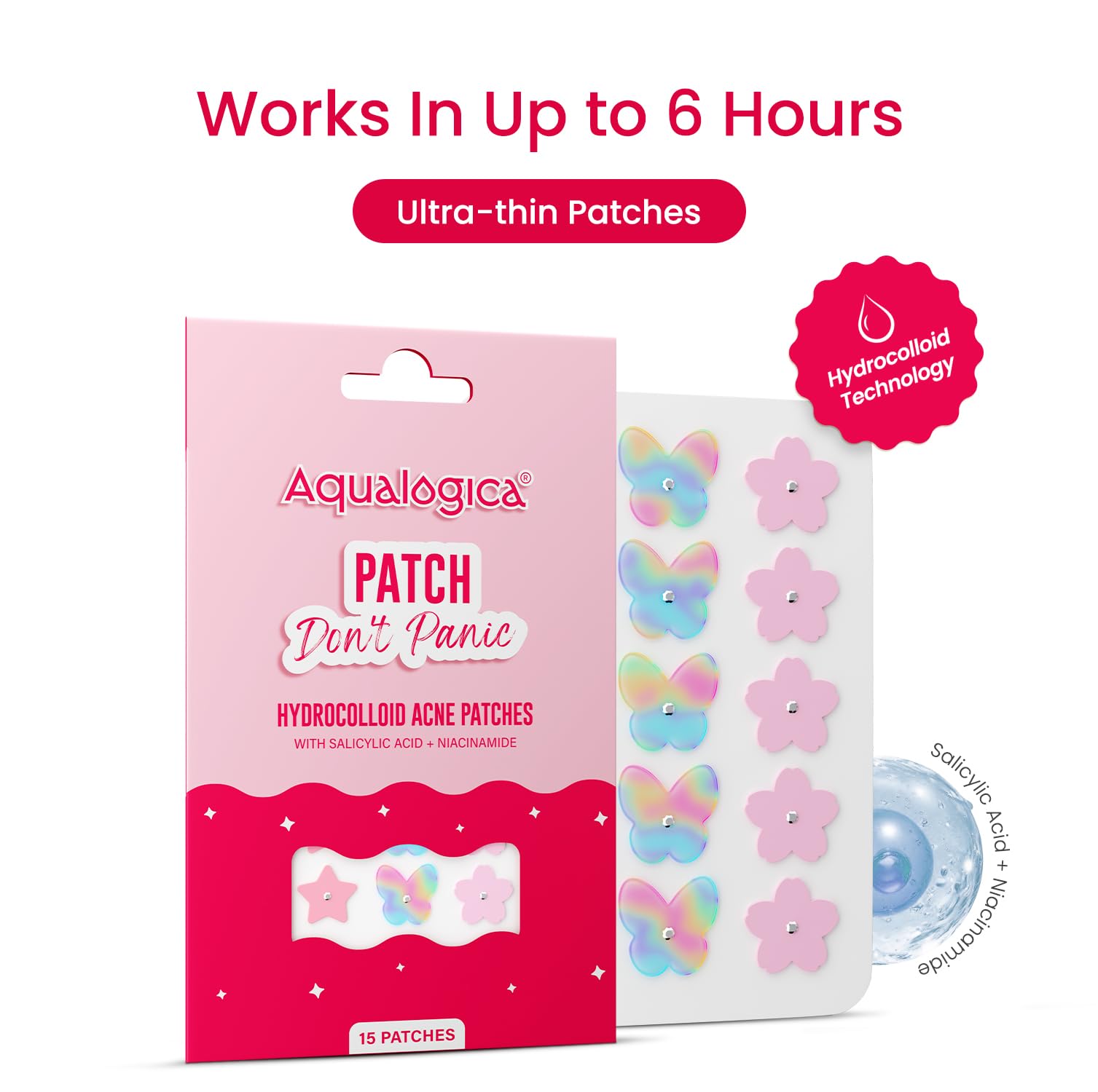 Aqualogica Patch Don't Panic Hydrocolloid Acne Patches, 15 Count, Ultra-thin, Vegan, PETA Certified, Cute Shapes, Unisex - fr