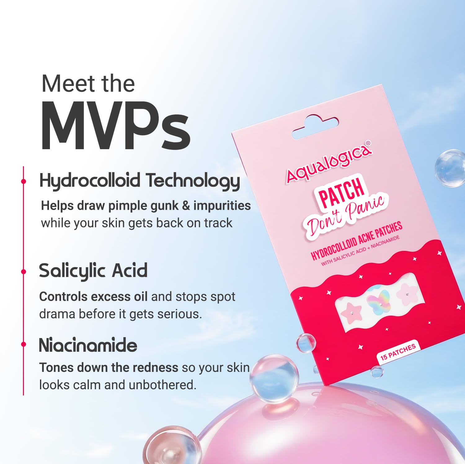 Aqualogica Patch Don't Panic Hydrocolloid Acne Patches, 15 Count, Ultra-thin, Vegan, PETA Certified, Cute Shapes, Unisex - pa
