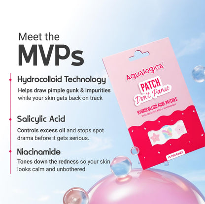 Aqualogica Patch Don't Panic Hydrocolloid Acne Patches, 15 Count, Ultra-thin, Vegan, PETA Certified, Cute Shapes, Unisex - pa