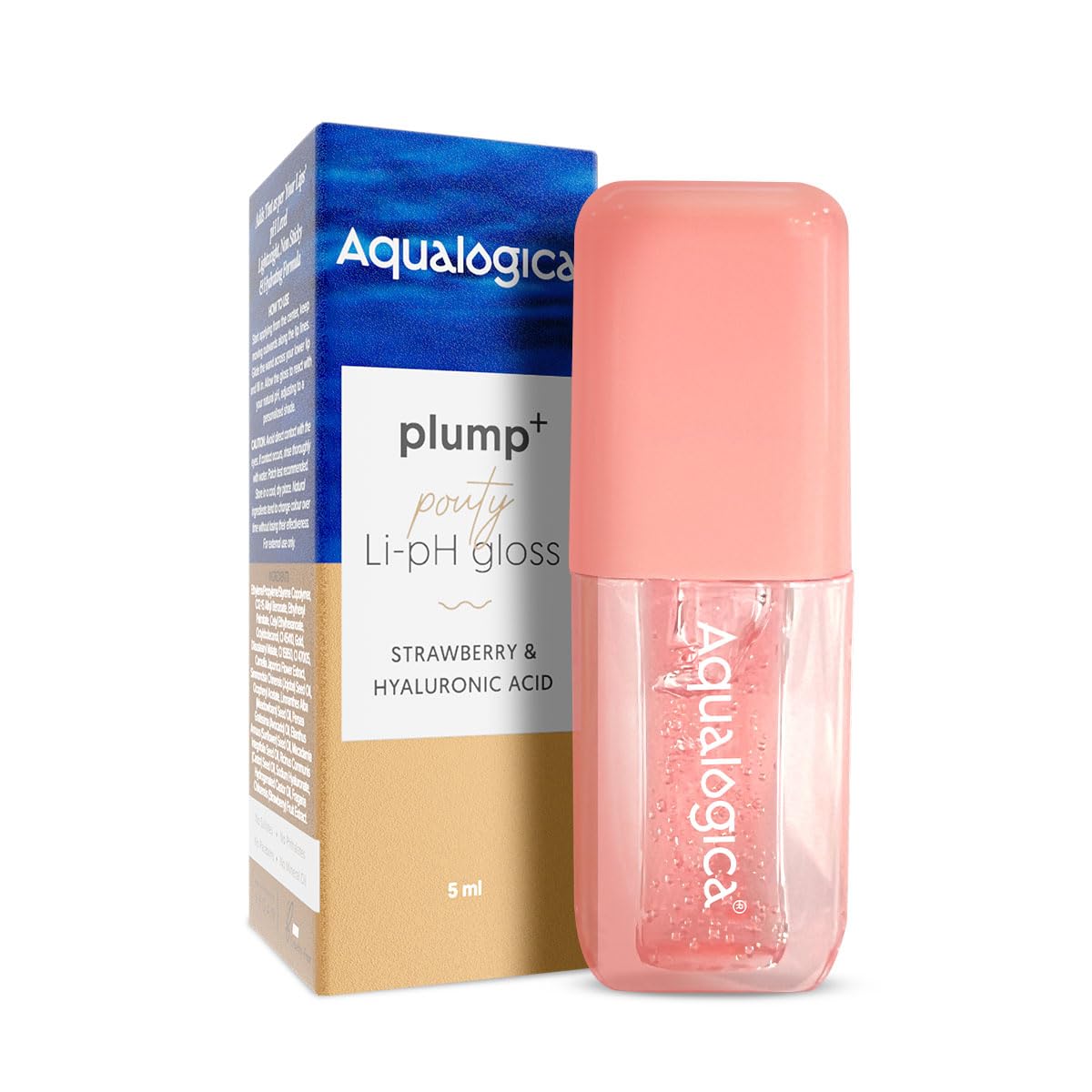 Aqualogica Plump+ Pouty Li-Ph Glossy, Peach Vanilla, 5ml, with Hyaluronic Acid & Strawberry, Vegan, PETA Certified