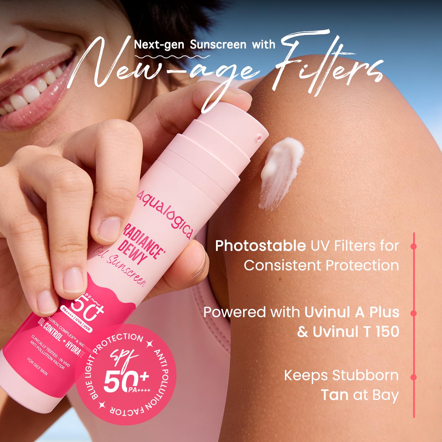 Aqualogica Radiance+ Dewy Gel Sunscreen SPF 50+ PA++++ In-Vivo Tested Fragrance-Free - label detail