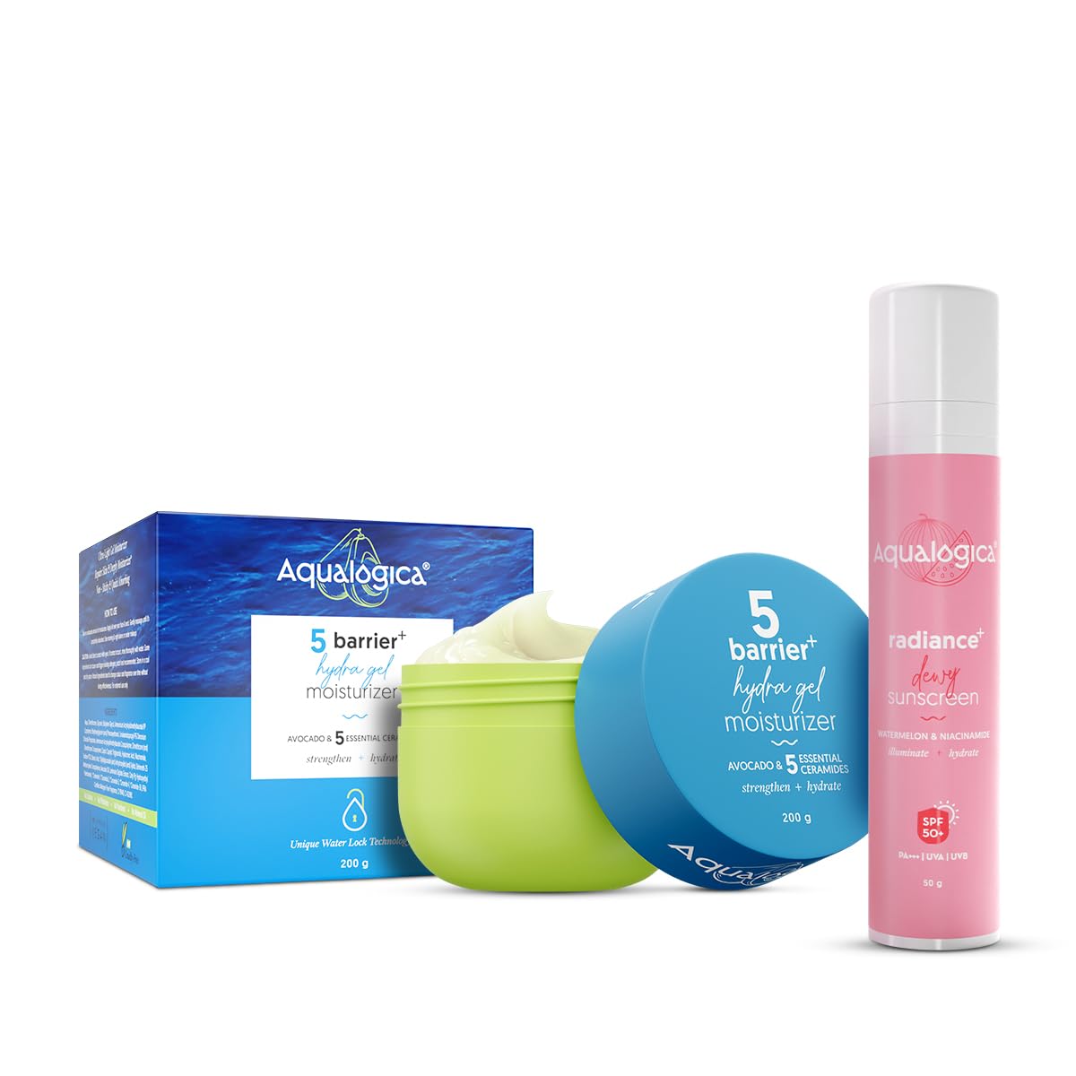 Aqualogica Radiance Dewy Sunscreen SPF 50+ PA+++ & 5 Barrier Hydra Gel Moisturizer with Avocado & Ceramides, 50g + 200g, 2-Pi