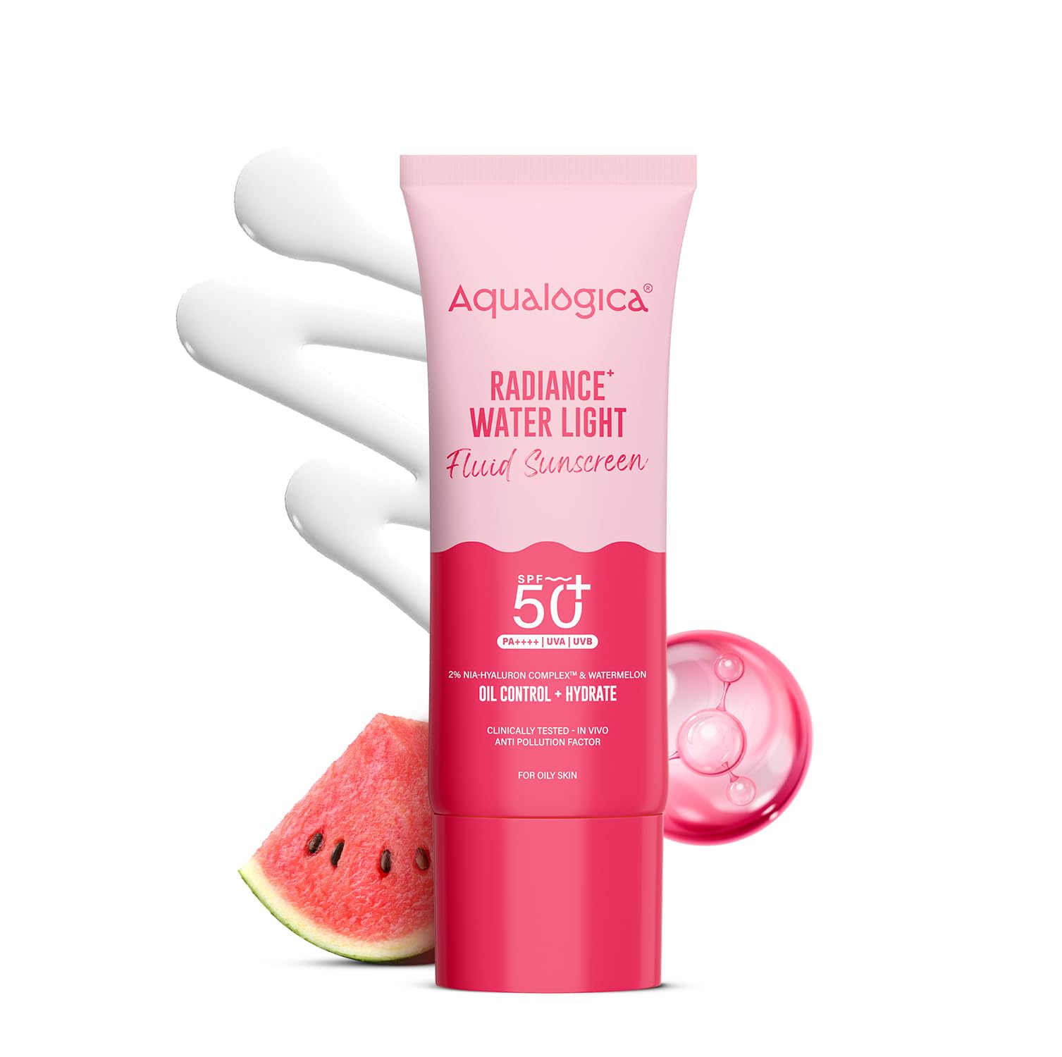 Aqualogica Radiance+ Water Light Fluid Sunscreen SPF 50+ PA++++, Fragrance-Free, 2% Nia-Hyaluron Complex