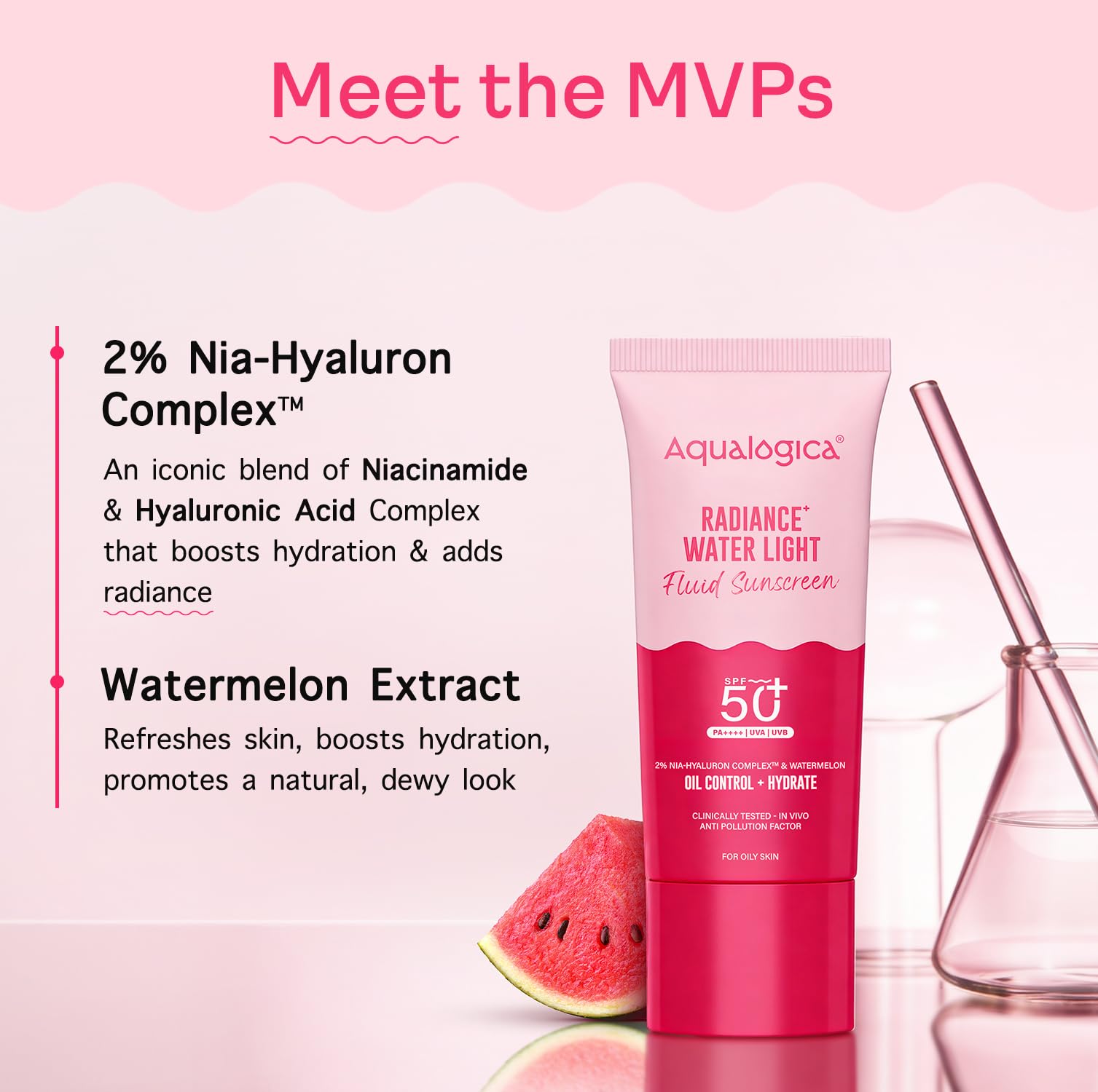 Aqualogica Radiance+ Water Light Fluid Sunscreen SPF 50+ PA++++, Fragrance-Free, 2% Nia-Hyaluron Complex - back view