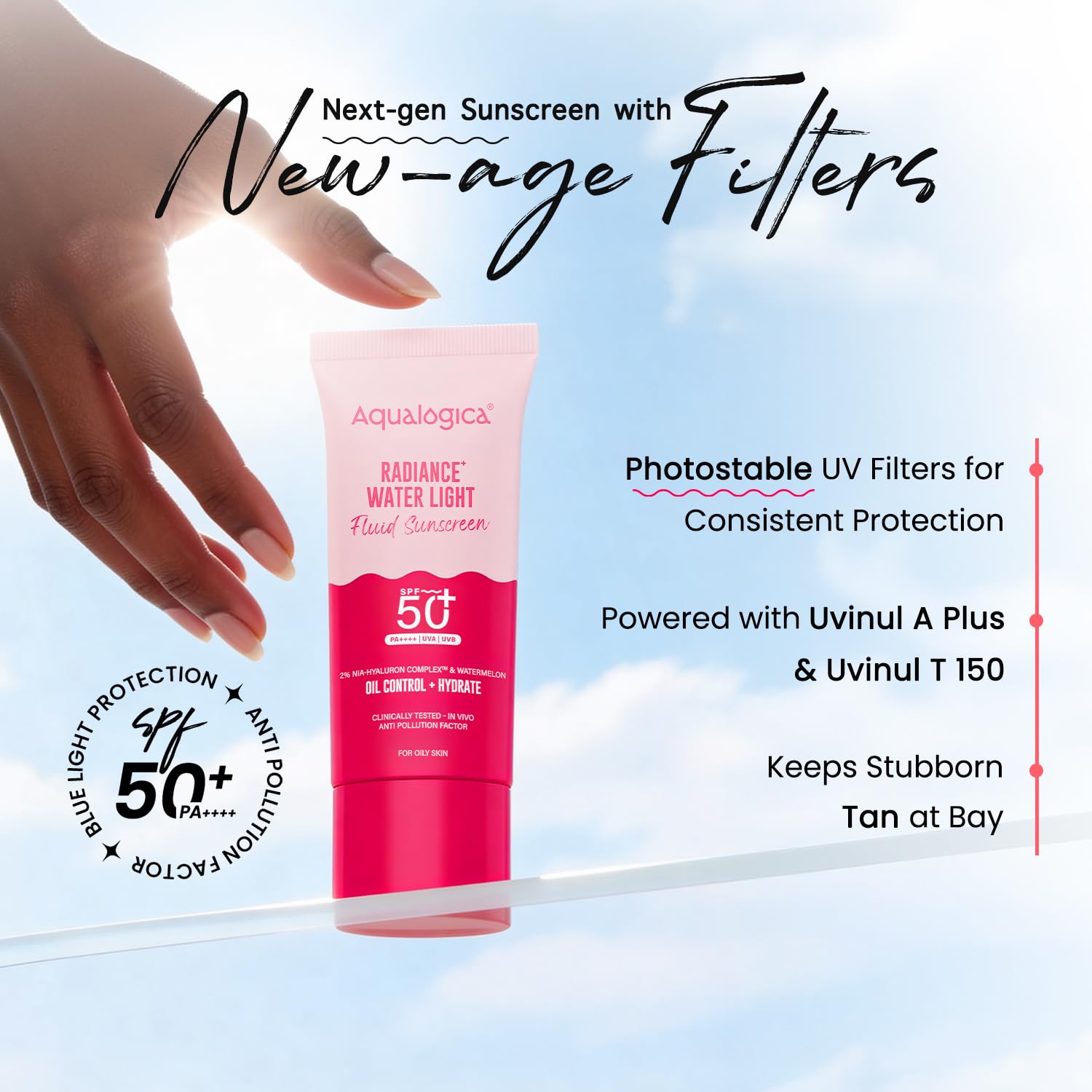 Aqualogica Radiance+ Water Light Fluid Sunscreen SPF 50+ PA++++, Fragrance-Free, 2% Nia-Hyaluron Complex - packaging