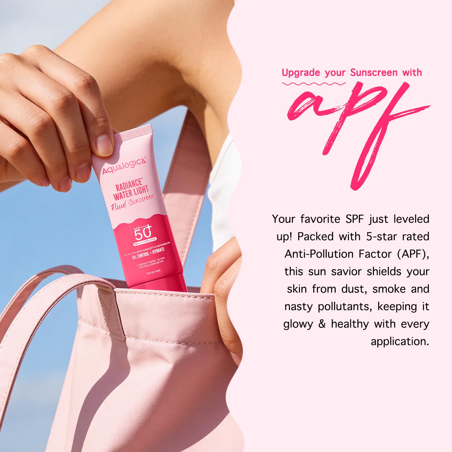 Aqualogica Radiance+ Water Light Fluid Sunscreen SPF 50+ PA++++, Fragrance-Free, 2% Nia-Hyaluron Complex - size and scale