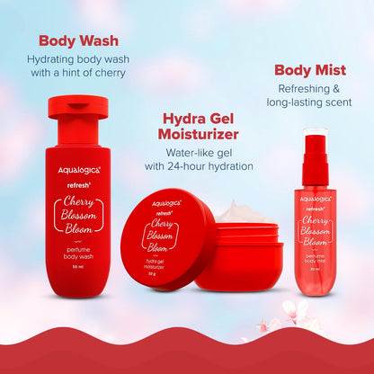 Aqualogica Refresh+ Cherry Blossom Bloom Body Care Set, 3-Piece Gift Pack, Unisex Fragrance Collection - front view