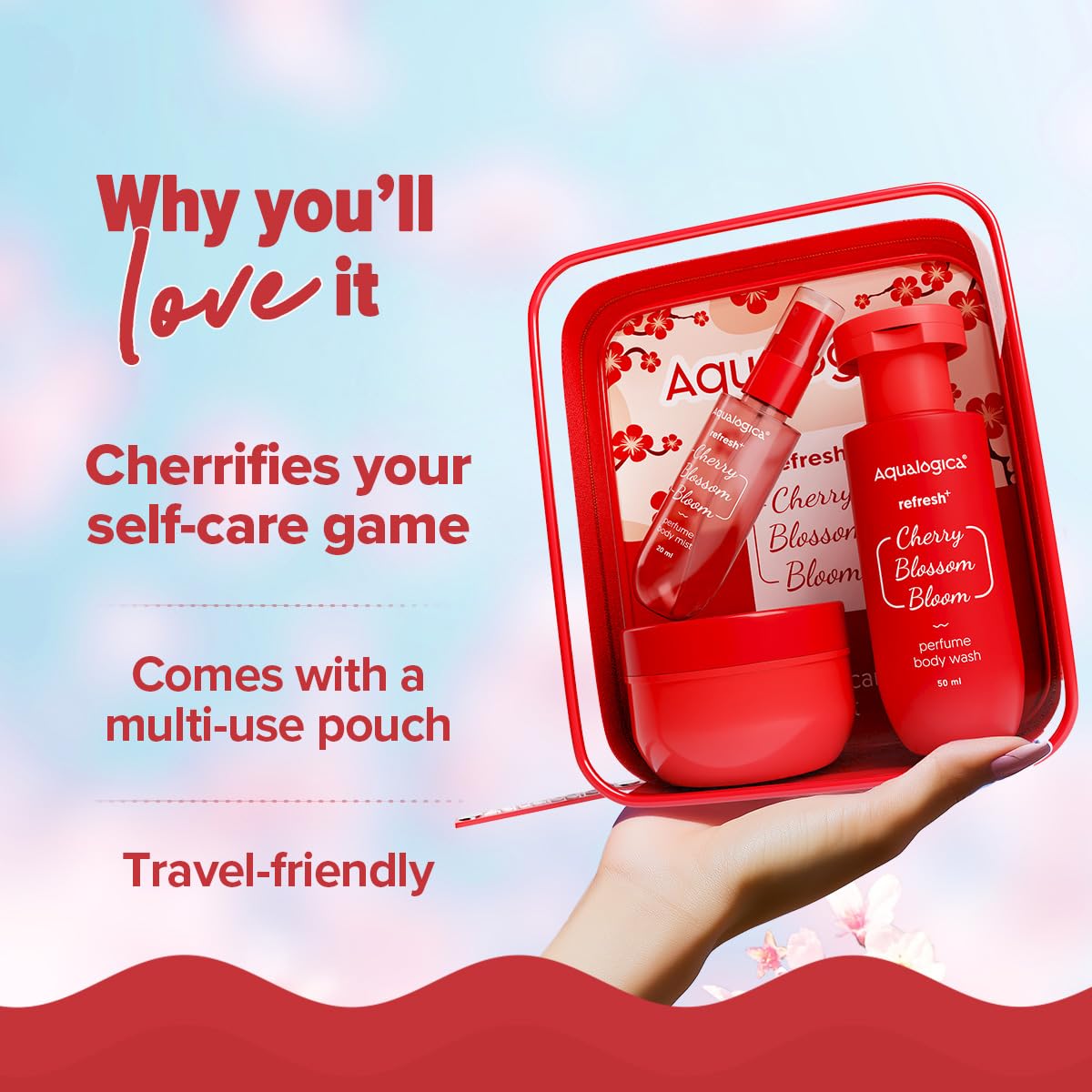 Aqualogica Refresh+ Cherry Blossom Bloom Body Care Set, 3-Piece Gift Pack, Unisex Fragrance Collection - back view