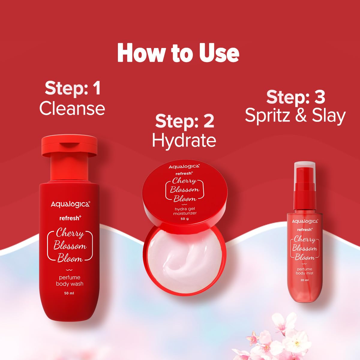 Aqualogica Refresh+ Cherry Blossom Bloom Body Care Set, 3-Piece Gift Pack, Unisex Fragrance Collection - close-up detail