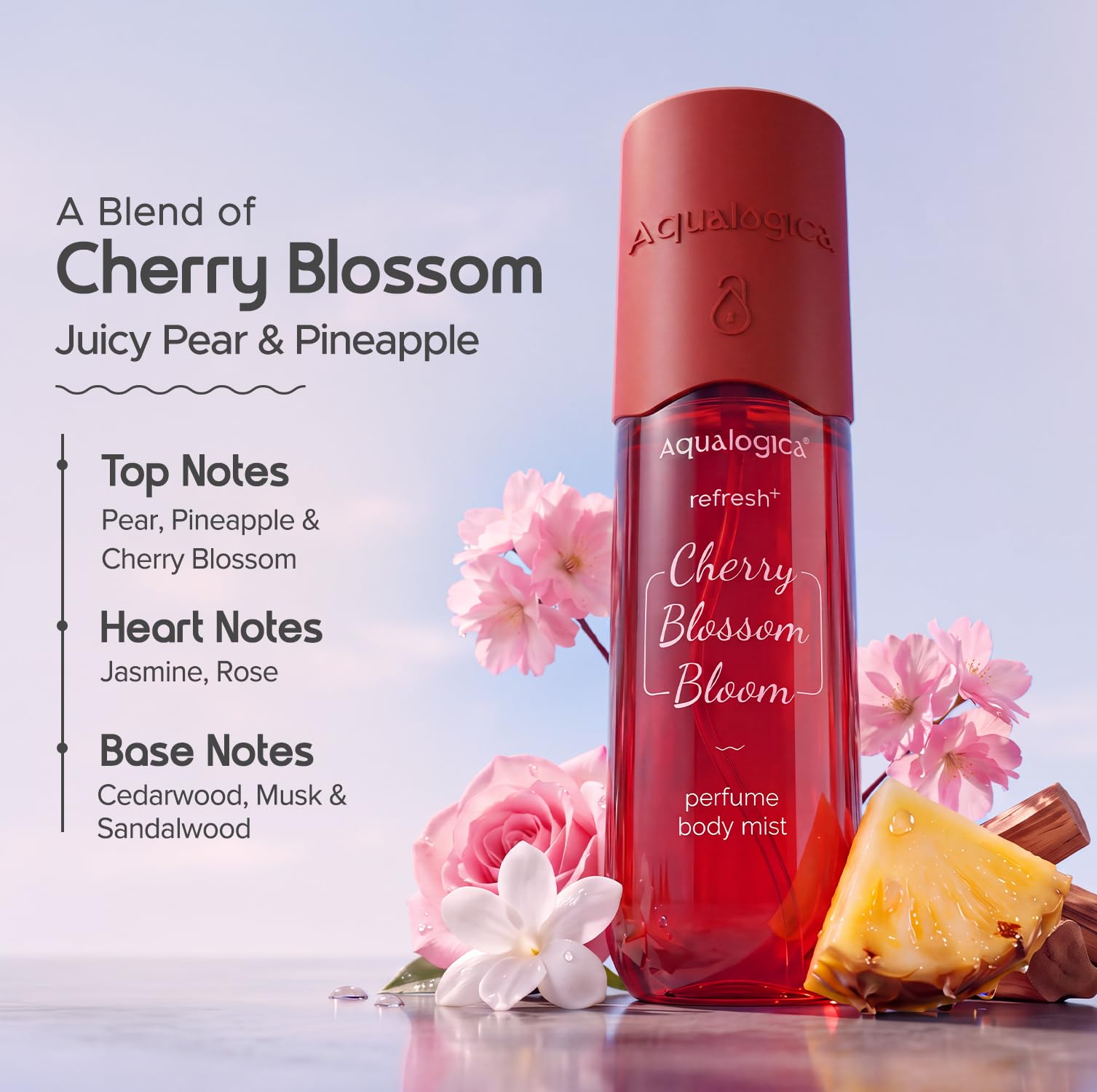 Aqualogica Refresh+ Cherry Blossom Bloom Body Mist, 150ml, with Hyaluronic Acid & Zemea, Unisex Hair & Body Spray - packaging