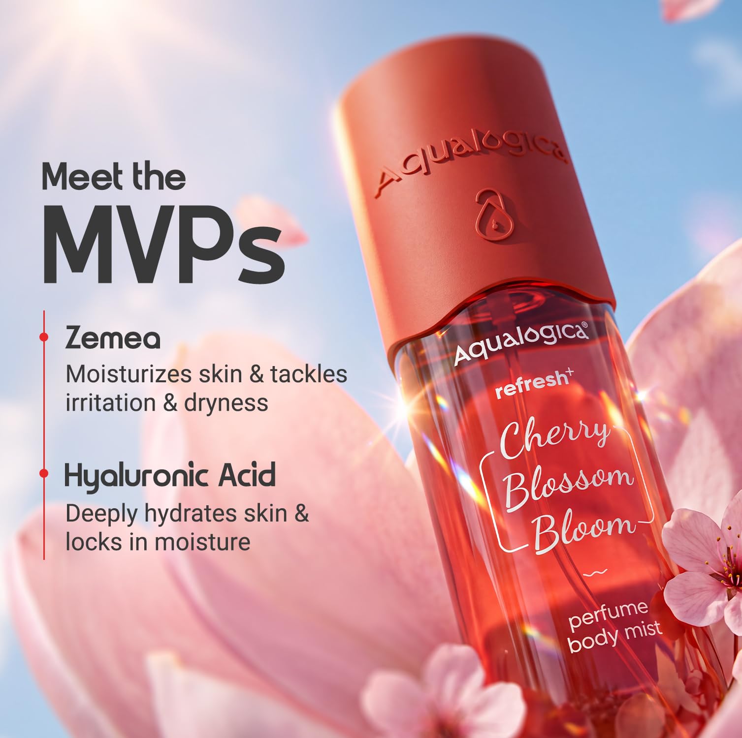 Aqualogica Refresh+ Cherry Blossom Bloom Body Mist, 150ml, with Hyaluronic Acid & Zemea, Unisex Hair & Body Spray - label det