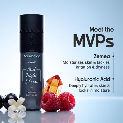 Aqualogica Refresh+ Mid Night Bloom Perfume Body Mist, 150 ml, Raspberry Amber, Unisex - ingredients panel