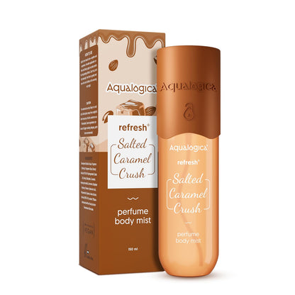 Aqualogica Refresh+ Perfume Body Mist Salted Caramel Crush, 150ml, Unisex Gourmand Fragrance for Hair & Body