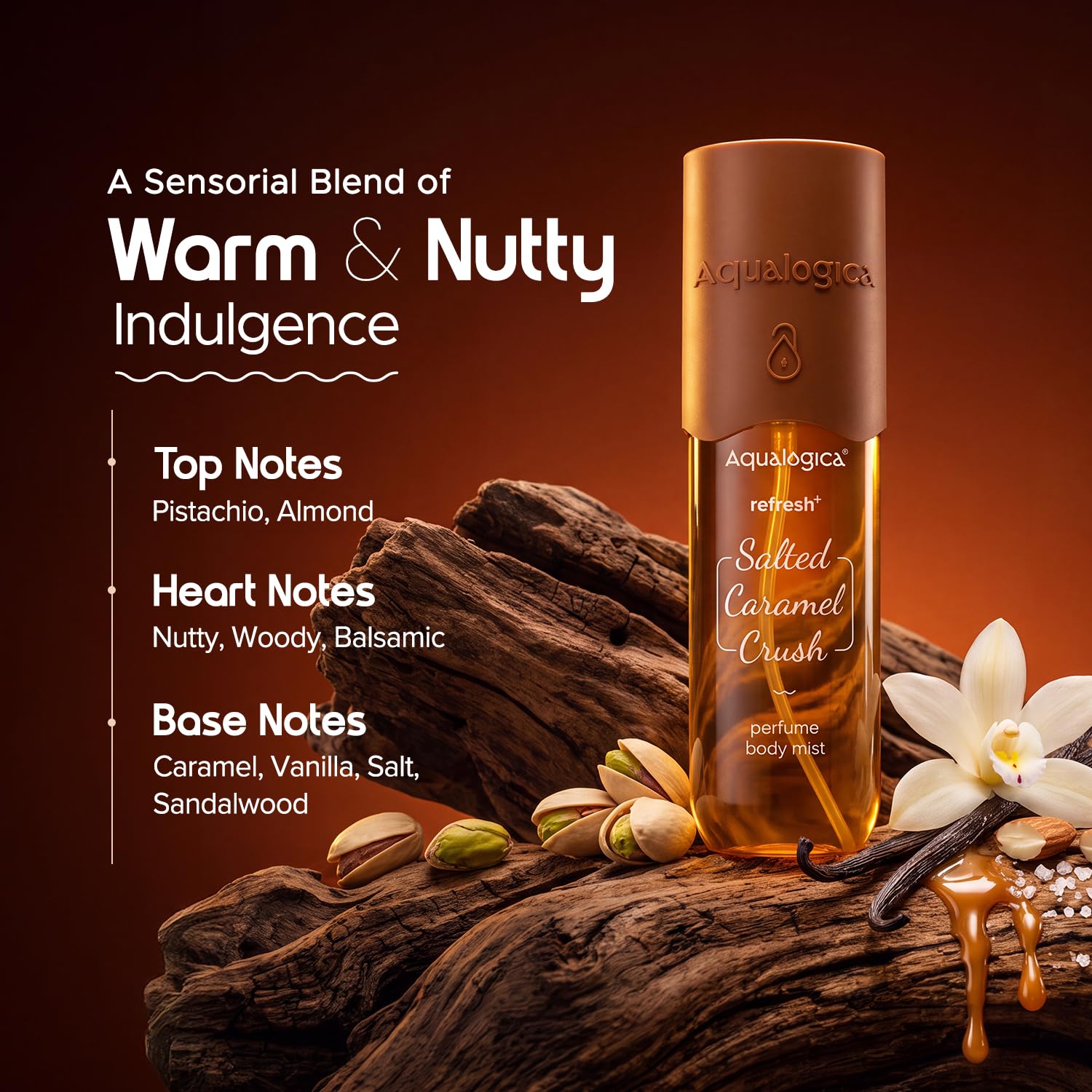 Aqualogica Refresh+ Perfume Body Mist Salted Caramel Crush, 150ml, Unisex Gourmand Fragrance for Hair & Body - packaging