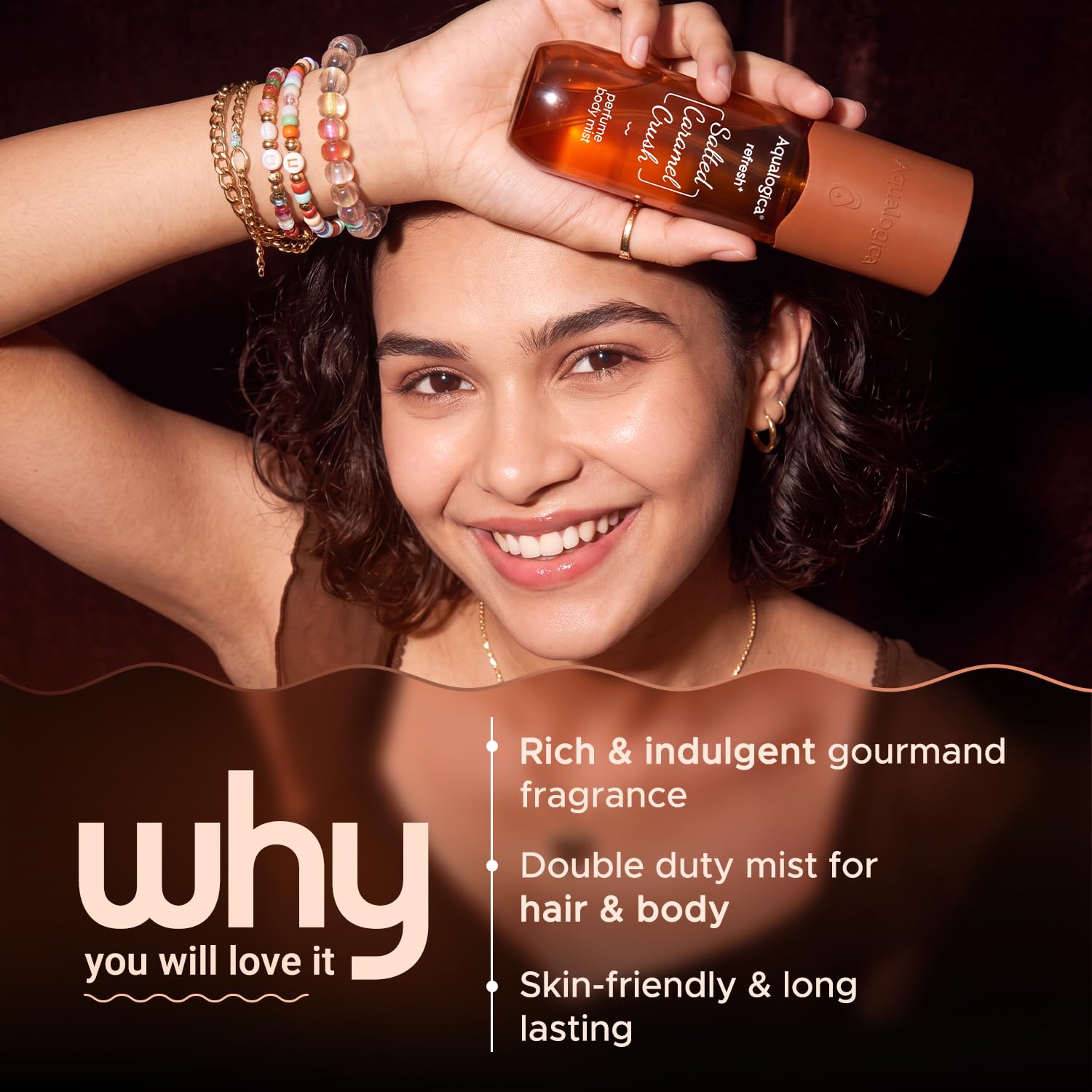 Aqualogica Refresh+ Perfume Body Mist Salted Caramel Crush, 150ml, Unisex Gourmand Fragrance for Hair & Body - label detail