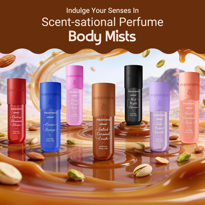 Aqualogica Refresh+ Perfume Body Mist Salted Caramel Crush, 150ml, Unisex Gourmand Fragrance for Hair & Body - size and scale