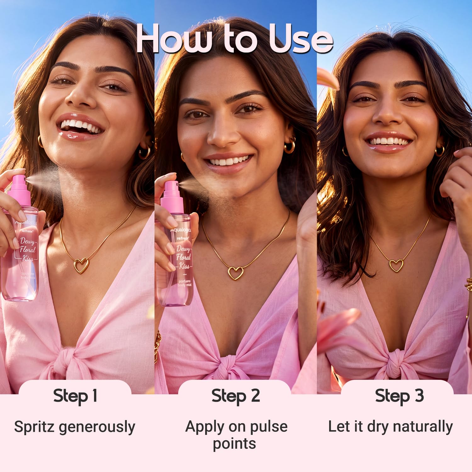 Aqualogica Refresh+ Perfume Body Mist Trio, 3x150ml, Set of 3 Fragrances, Hair & Body - close-up detail (16)