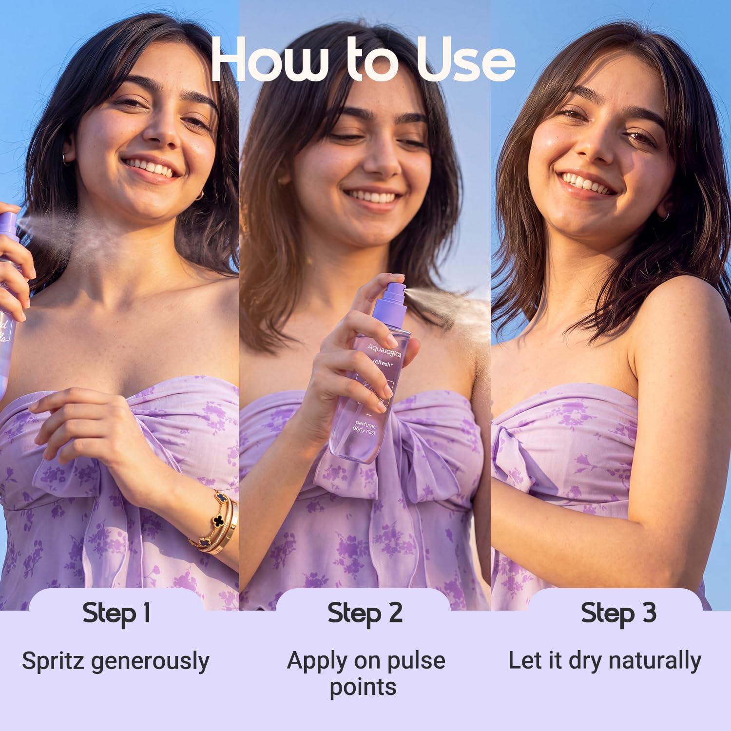 Aqualogica Refresh+ Perfume Body Mist Trio, 3x150ml, Set of 3 Fragrances, Hair & Body - in use (44)