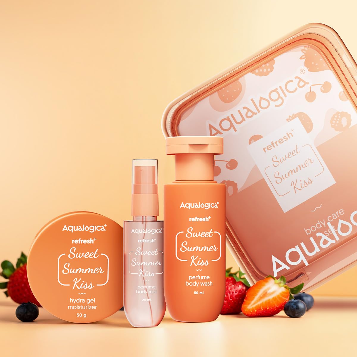Aqualogica Refresh+ Sweet Summer Kiss Body Care Set, 3-Piece Travel Kit with Body Wash, Perfume Mist, and Hydra Gel Moisturiz