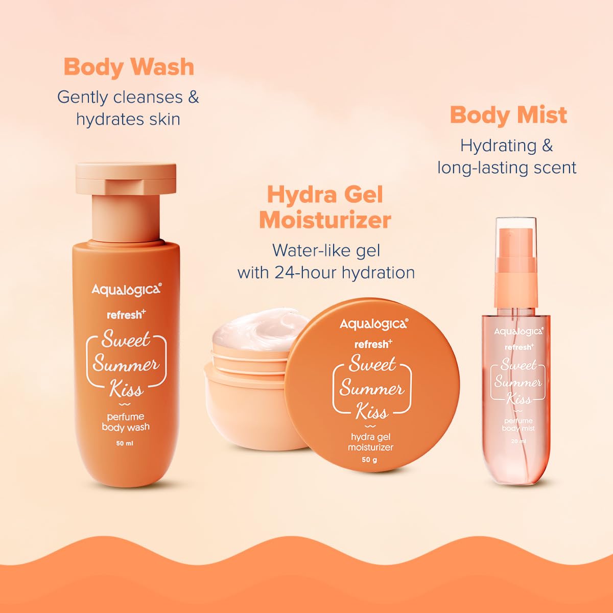 Aqualogica Refresh+ Sweet Summer Kiss Body Care Set, 3-Piece Travel Kit with Body Wash, Perfume Mist, and Hydra Gel Moisturiz