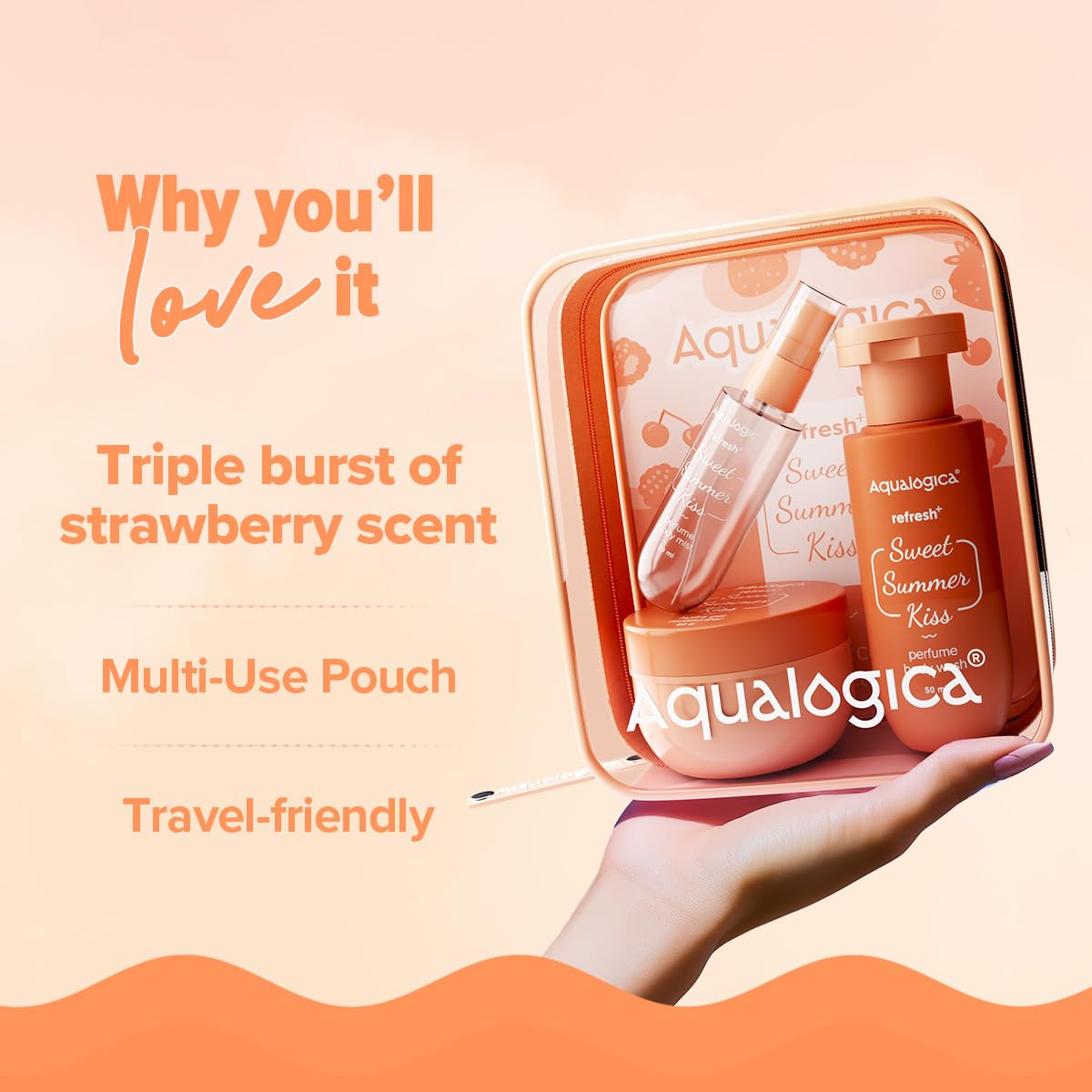 Aqualogica Refresh+ Sweet Summer Kiss Body Care Set, 3-Piece Travel Kit with Body Wash, Perfume Mist, and Hydra Gel Moisturiz