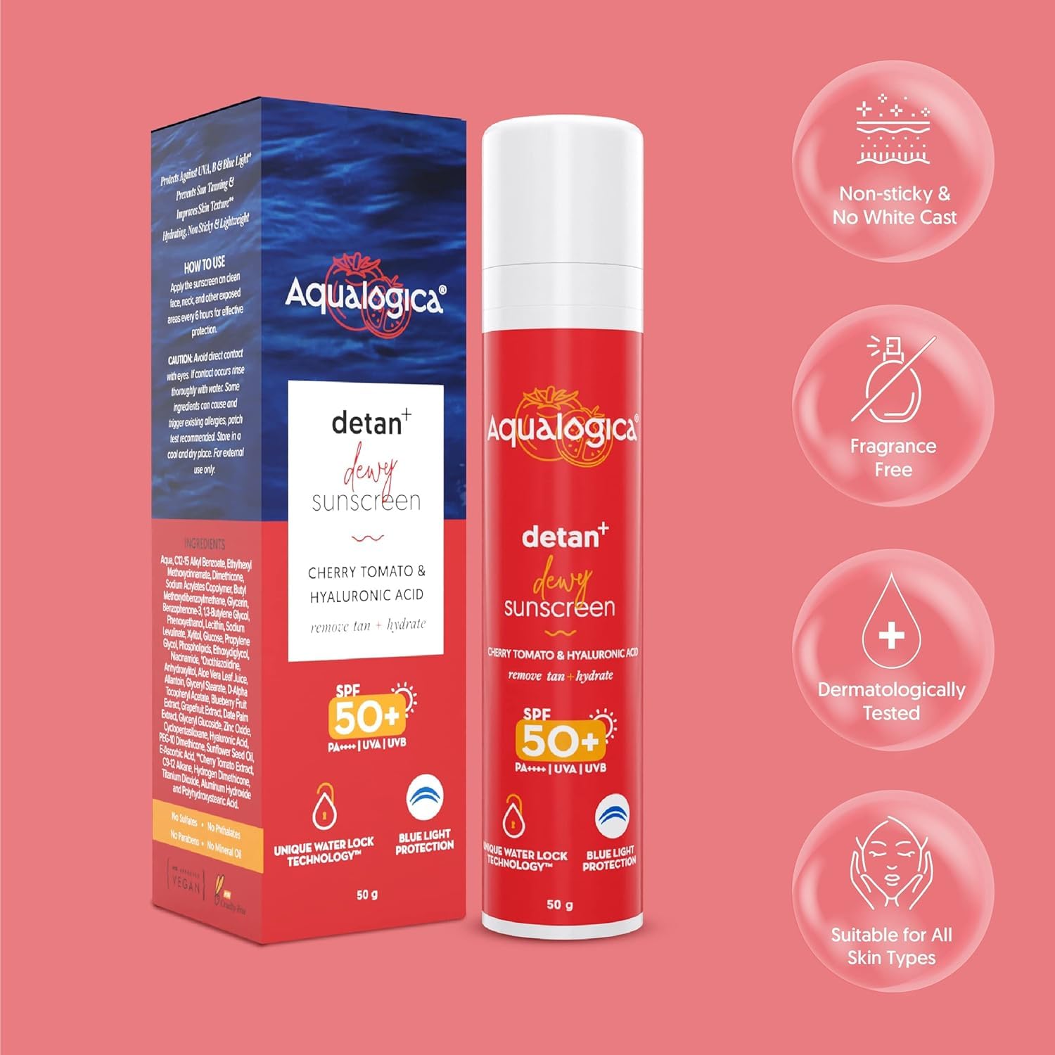Aqualogica SPF 50+ PA++++ Sunscreen & Hydra Gel Moisturizer Combo, 2-Piece Set - label detail