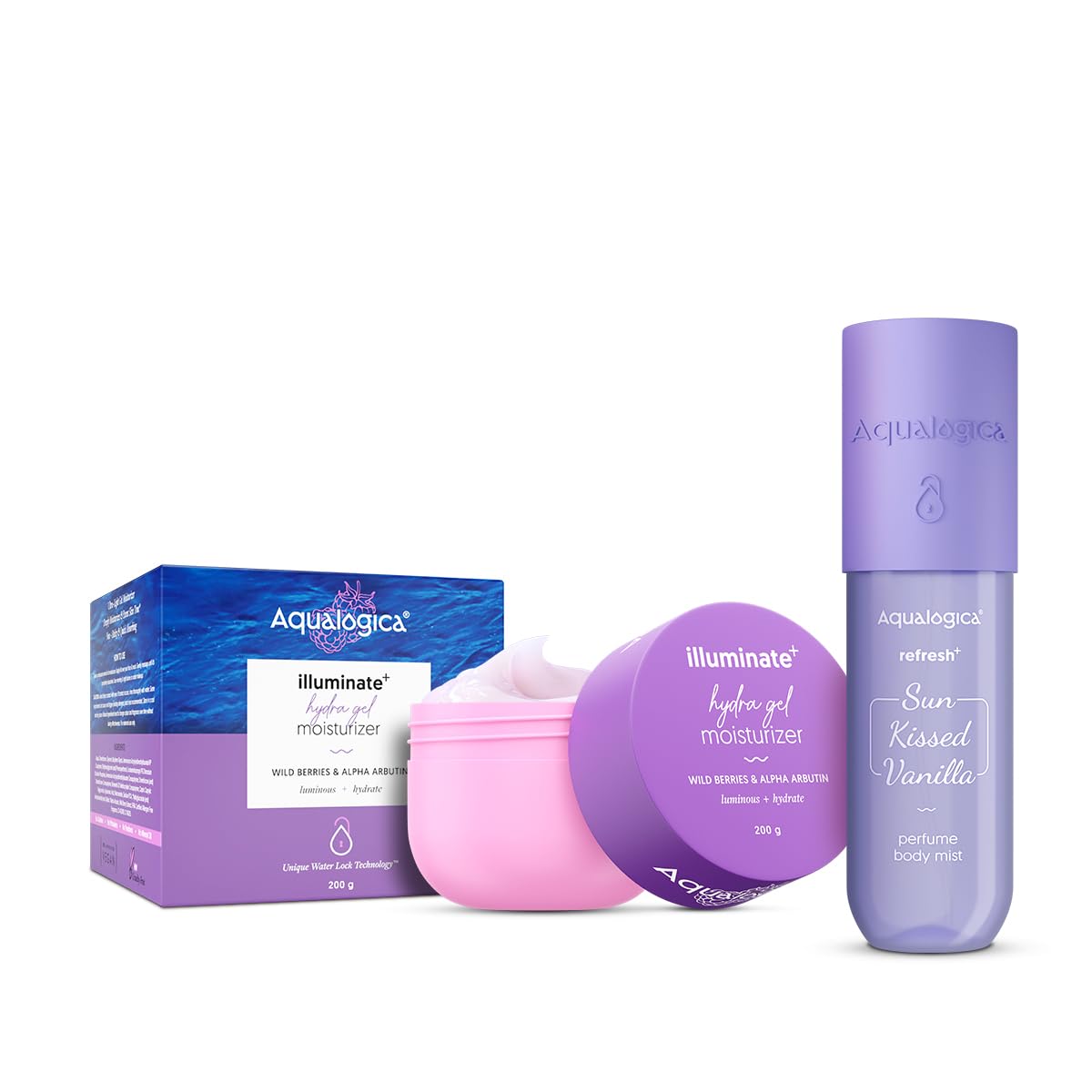 Aqualogica Vanilla Mist & Illuminate Moisturizer Duo, 150ml Body Mist + Hydra Gel Moisturizer, Unisex Eau de Parfum, 2-Piece