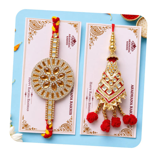 ARADHANA RAKHIS rakhi for brother and bhabhi set of 1 bhaiya rakhi and 1 bhabhi lumba rakhri | with roli chawal | traditional