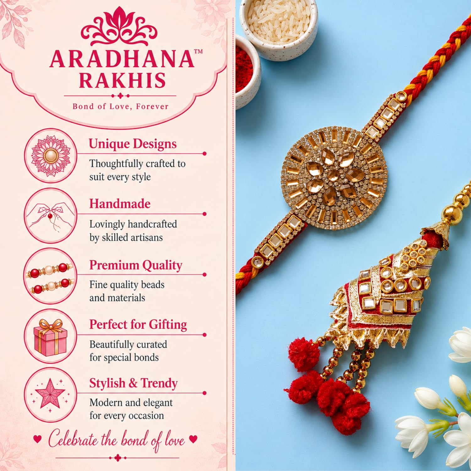 ARADHANA RAKHIS rakhi for brother and bhabhi set of 1 bhaiya rakhi and 1 bhabhi lumba rakhri | with roli chawal | traditional