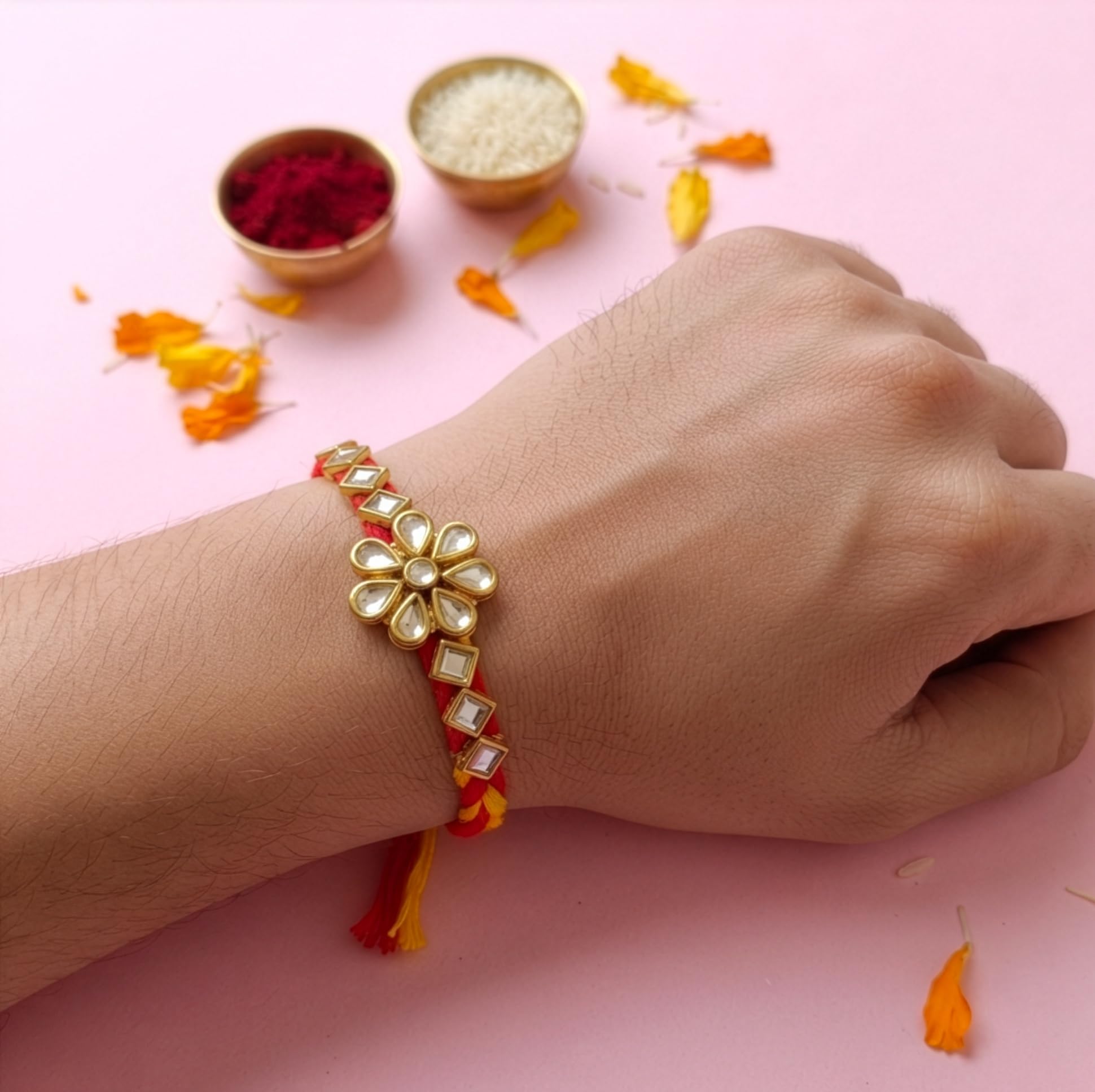 ARADHANA RAKHIS Rakhi Set for Brother 6pcs with roli chawal | Traditional Rakhdi Combo of 6 | Raksha Bandhan - front view