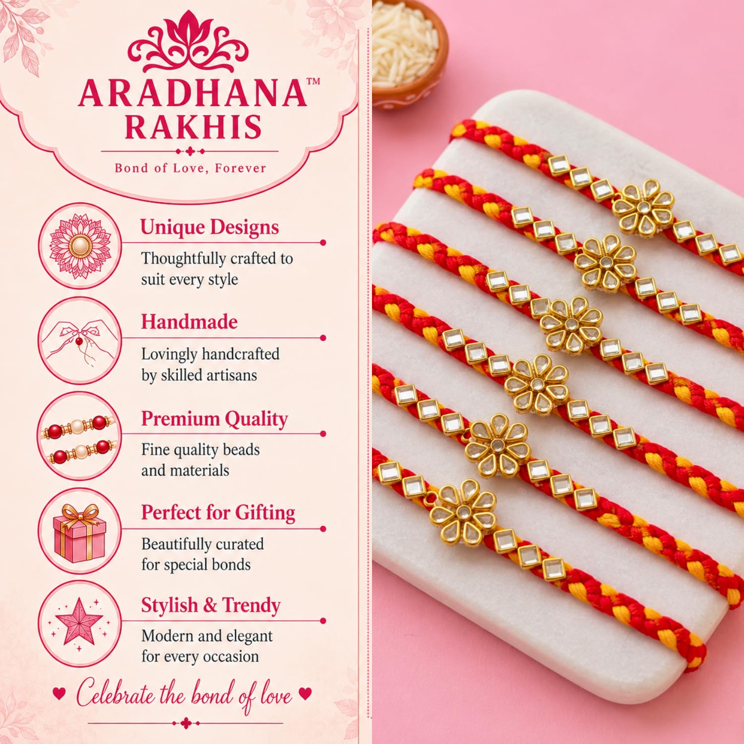 ARADHANA RAKHIS Rakhi Set for Brother 6pcs with roli chawal | Traditional Rakhdi Combo of 6 | Raksha Bandhan - packaging