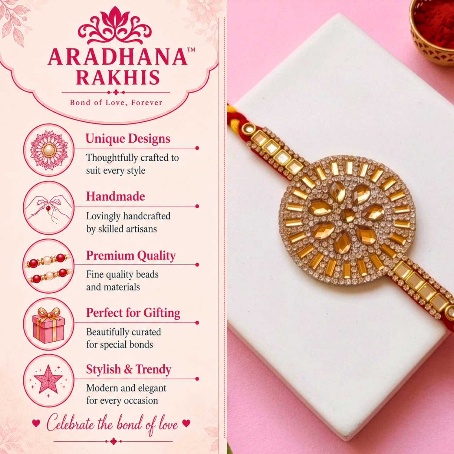 ARADHANA RAKHIS Rakhi Set For Brother with Roli chawal | Stone Rakhi | Traditional Stylish Rakhri | Raakhi for Bhai - label d