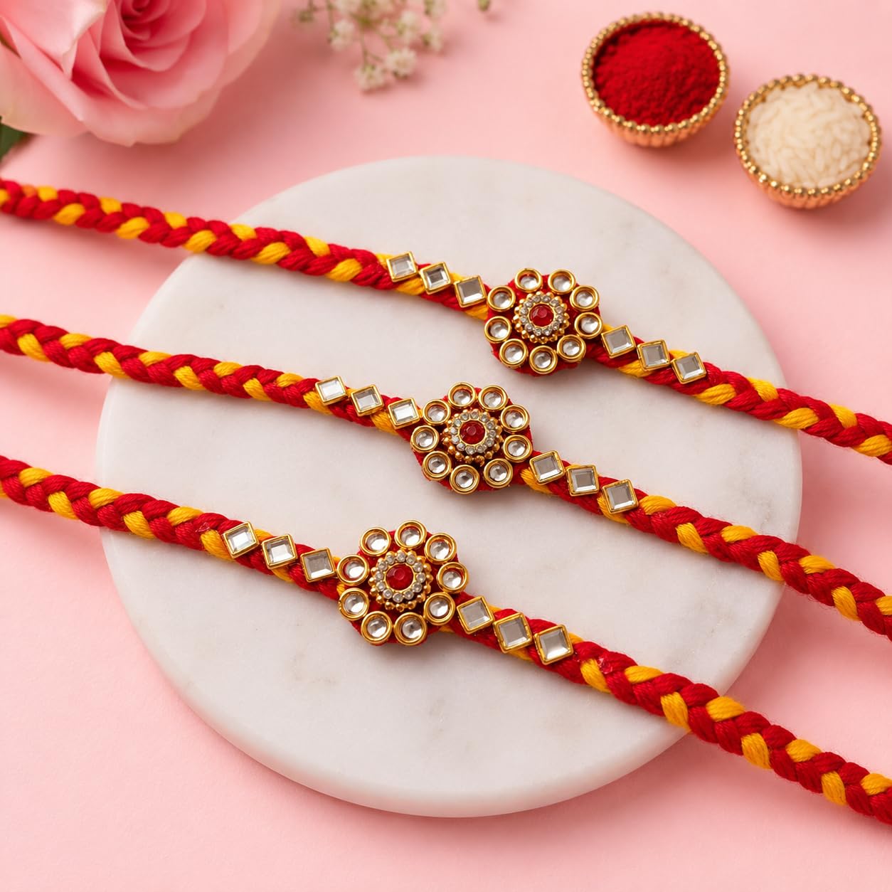 ARADHANA RAKHIS Rakhi set of 3 with roli chawal for brother | Traditional Rakhdi | Kundan Rakhii - front view