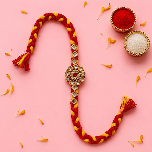 ARADHANA RAKHIS Rakhi set of 3 with roli chawal for brother | Traditional Rakhdi | Kundan Rakhii - back view