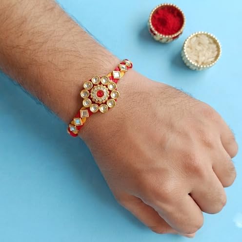 ARADHANA RAKHIS Rakhi set of 3 with roli chawal for brother | Traditional Rakhdi | Kundan Rakhii - packaging