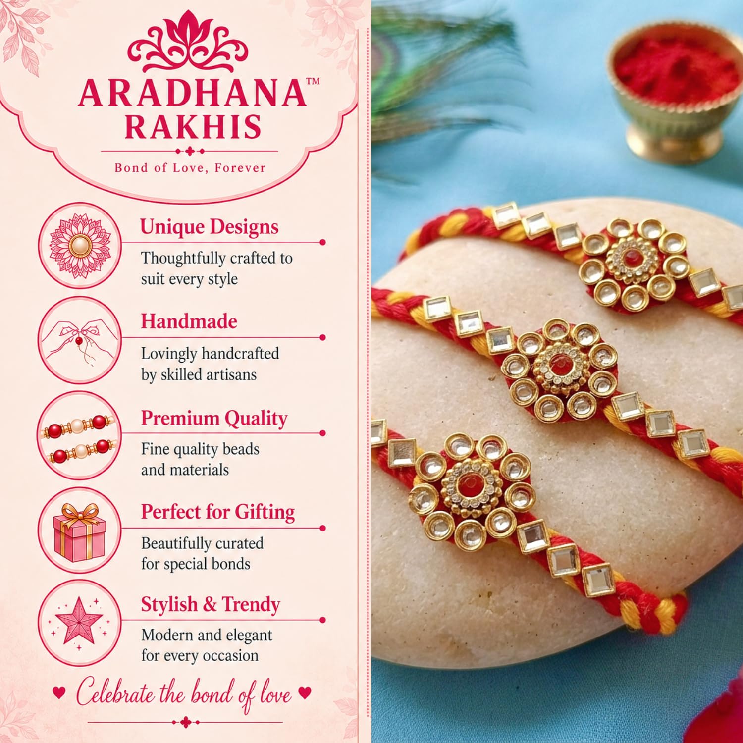 ARADHANA RAKHIS Rakhi set of 3 with roli chawal for brother | Traditional Rakhdi | Kundan Rakhii - label detail