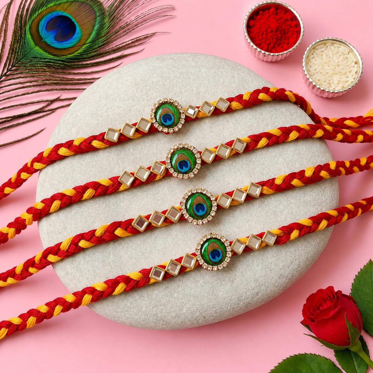 ARADHANA RAKHIS Rakhi set of 4 with roli chawal | Rakhii for brother | Peacock Rakhdi | rakhi combo - front view