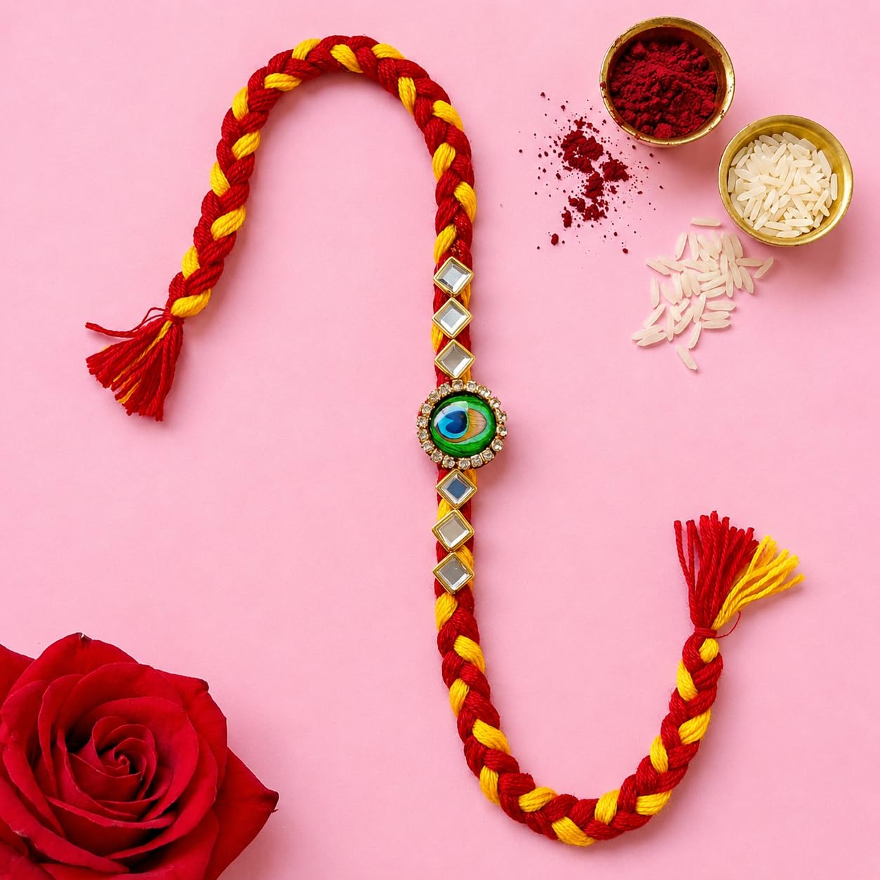 ARADHANA RAKHIS Rakhi set of 4 with roli chawal | Rakhii for brother | Peacock Rakhdi | rakhi combo - back view
