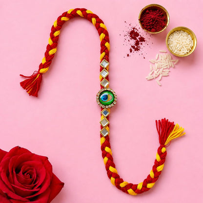 ARADHANA RAKHIS Rakhi set of 4 with roli chawal | Rakhii for brother | Peacock Rakhdi | rakhi combo - back view