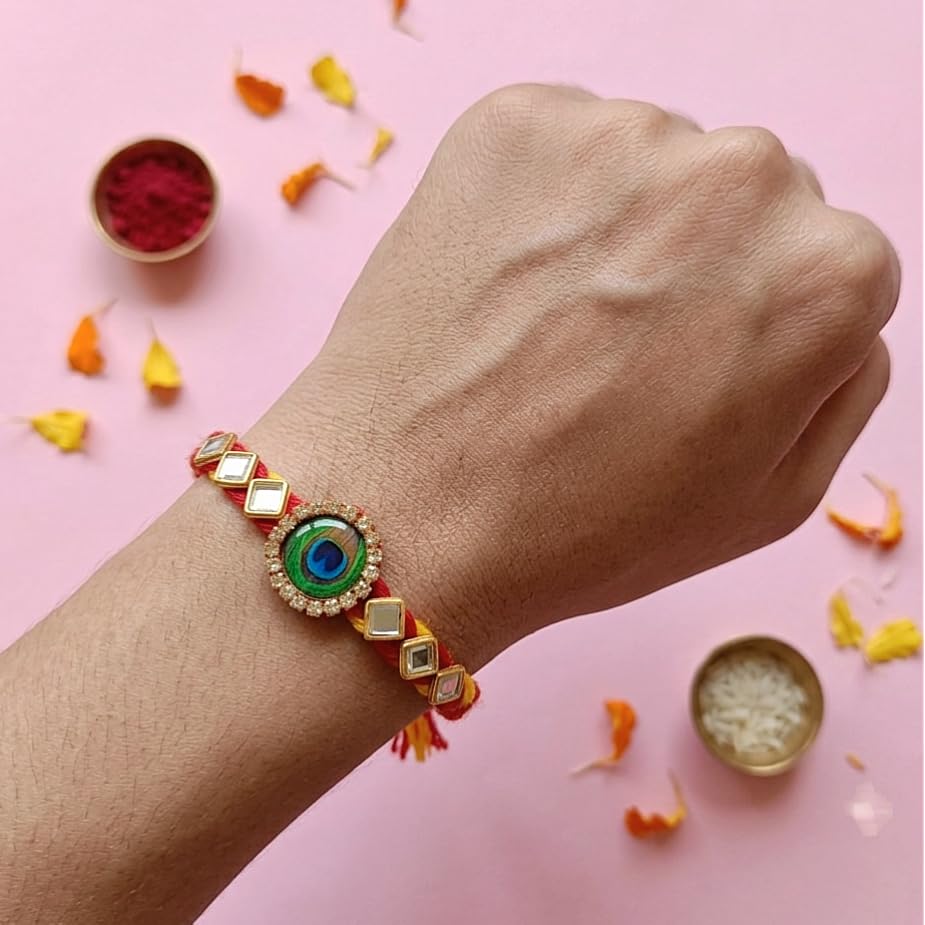 ARADHANA RAKHIS Rakhi set of 4 with roli chawal | Rakhii for brother | Peacock Rakhdi | rakhi combo - packaging