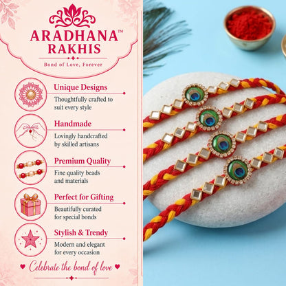 ARADHANA RAKHIS Rakhi set of 4 with roli chawal | Rakhii for brother | Peacock Rakhdi | rakhi combo - label detail